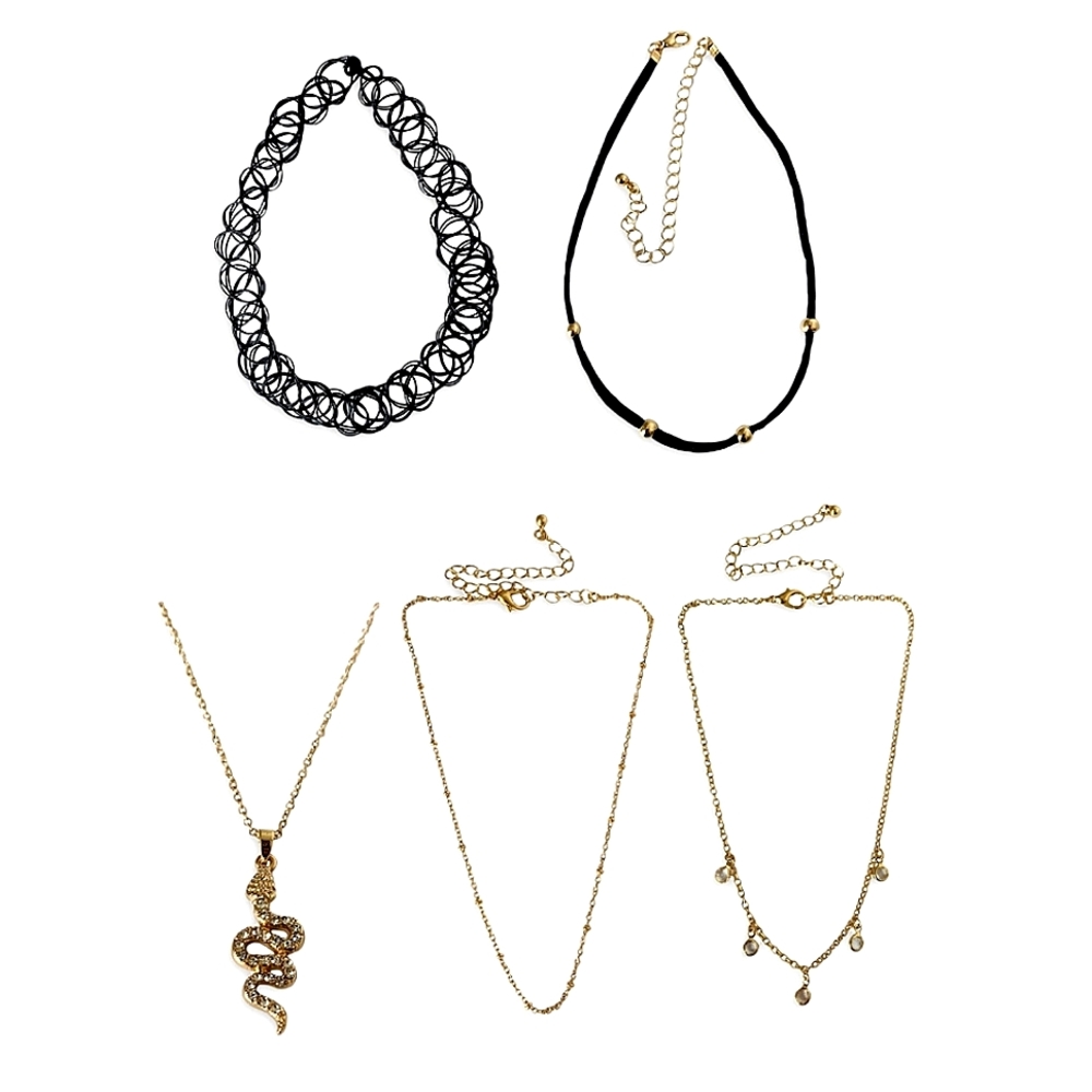 5 Piece Choker Set Black and Gold Tone Snake